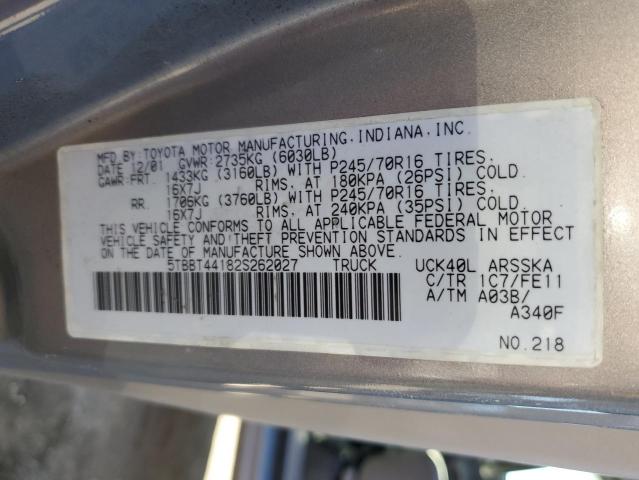 5TBBT44182S262027 - 2002 TOYOTA TUNDRA ACCESS CAB ბეჟი ფოტო 12