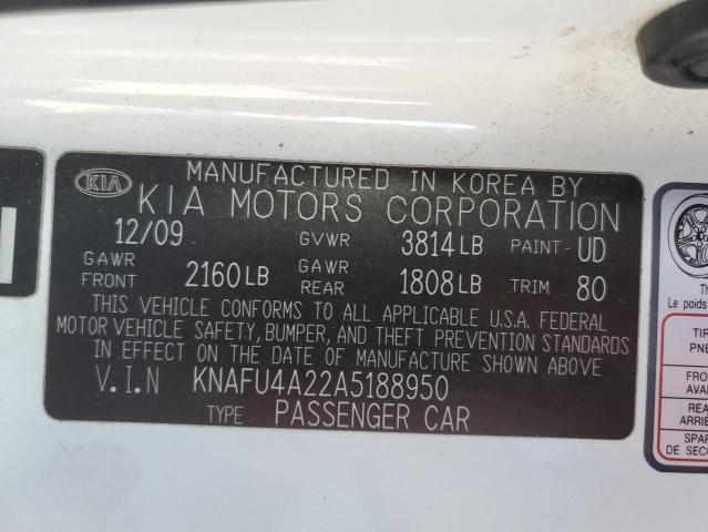 KNAFU4A22A5188950 - 2010 KIA FORTE EX WHITE photo 12