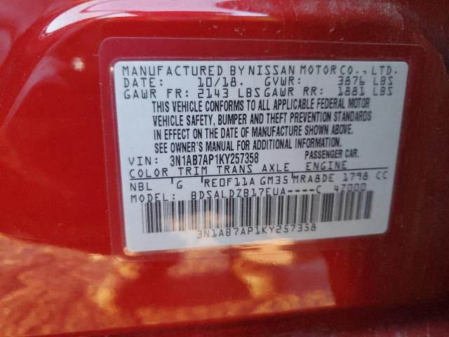 3N1AB7AP1KY257358 - 2019 NISSAN SENTRA S RED photo 13