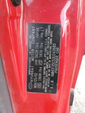 KMHCF35C53U243683 - 2003 HYUNDAI ACCENT L RED photo 12