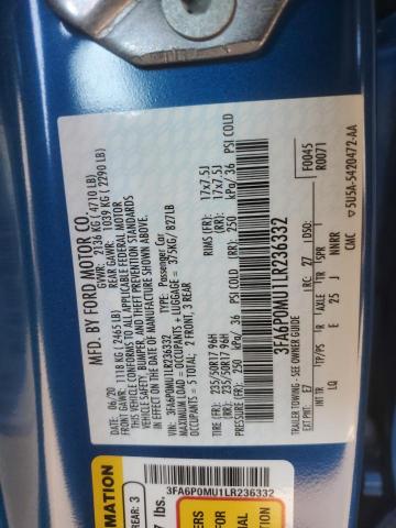 3FA6P0MU1LR236332 - 2020 FORD FUSION SEL BLUE photo 13