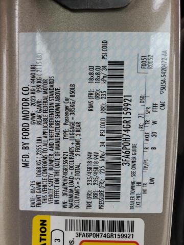 3FA6P0H74GR159921 - 2016 FORD FUSION SE GOLD photo 12