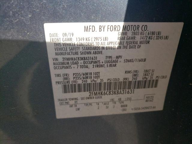 2FMHK6C83KBA31631 - 2019 FORD FLEX SEL BLUE photo 13