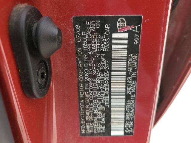 JTDBL40E899064377 - 2009 TOYOTA COROLLA BASE RED photo 12