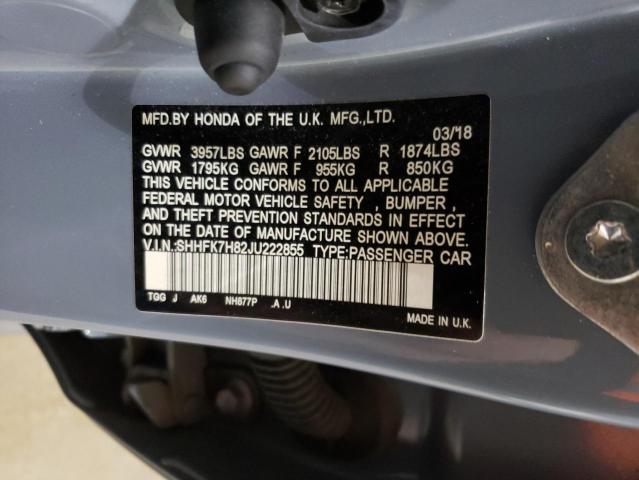 SHHFK7H82JU222855 - 2018 HONDA CIVIC EXL ნაცრისფერი ფოტო 12