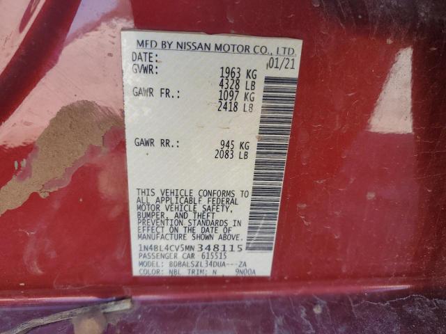 1N4BL4CV5MN348115 - 2021 NISSAN ALTIMA SR RED photo 12