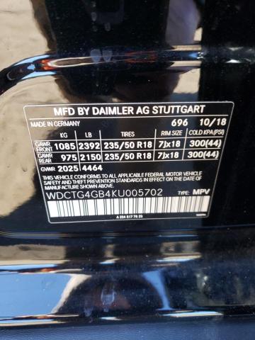 WDCTG4GB4KU005702 - 2019 MERCEDES-BENZ GLA 250 4MATIC BLACK photo 12