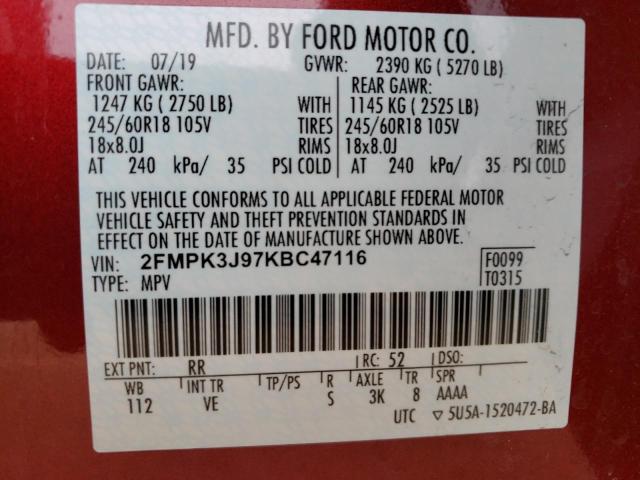 2FMPK3J97KBC47116 - 2019 FORD EDGE SEL RED photo 14