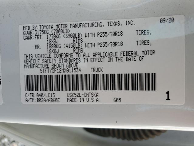 5TFTY5F12MX011534 - 2021 TOYOTA TUNDRA DOUBLE CAB SR/SR5 WHITE photo 12