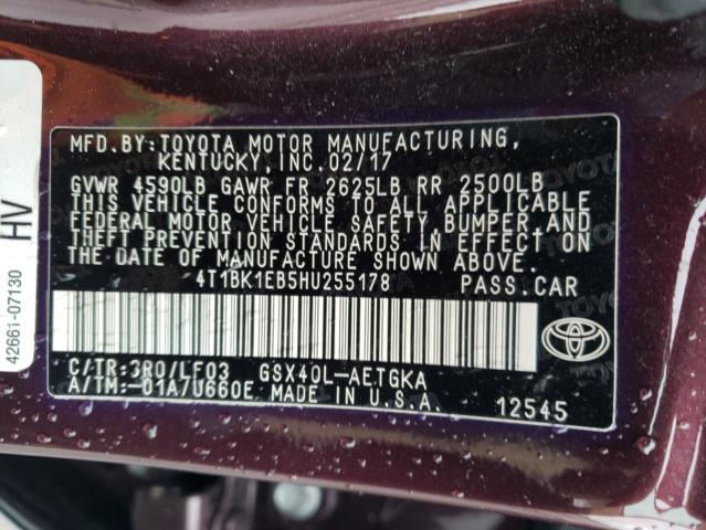 4T1BK1EB5HU255178 - 2017 TOYOTA AVALON XLE PURPLE photo 12