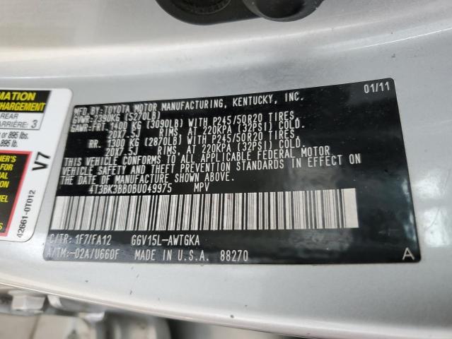 4T3BK3BB0BU049975 - 2011 TOYOTA VENZA SILVER photo 14