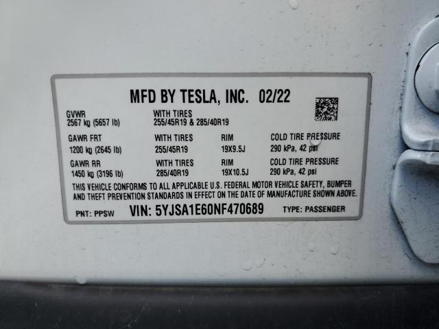 5YJSA1E60NF470689 - 2022 TESLA MODEL S 白色 照片 13