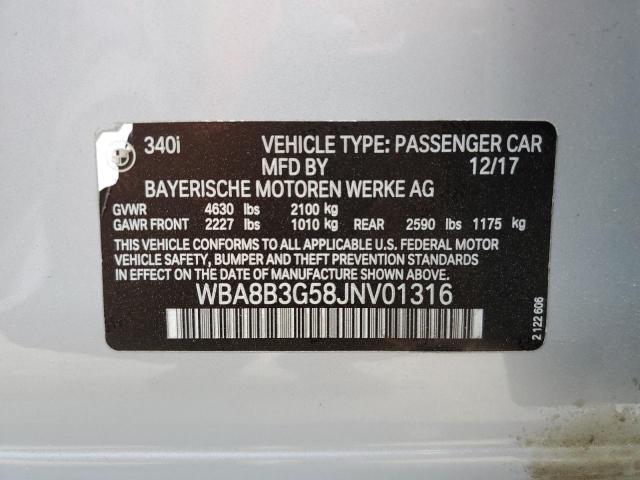 WBA8B3G58JNV01316 - 2018 BMW 340 I SILVER photo 12