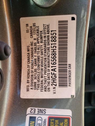 2HGFA16568H518851 - 2008 HONDA CIVIC LX SILVER photo 12