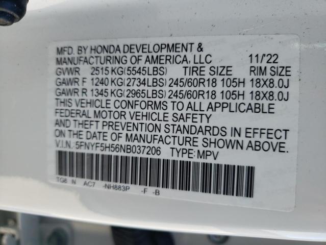 5FNYF5H56NB037206 - 2022 HONDA PILOT EXL WHITE photo 12