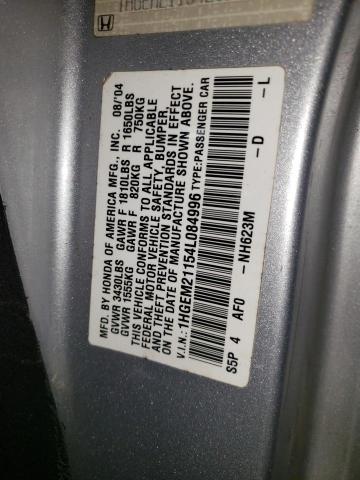 1HGEM21154L084996 - 2004 HONDA CIVIC DX VP SILVER photo 12