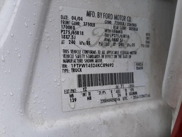 1FTPW14524KC89692 - 2004 FORD F150 SUPERCREW WHITE photo 12