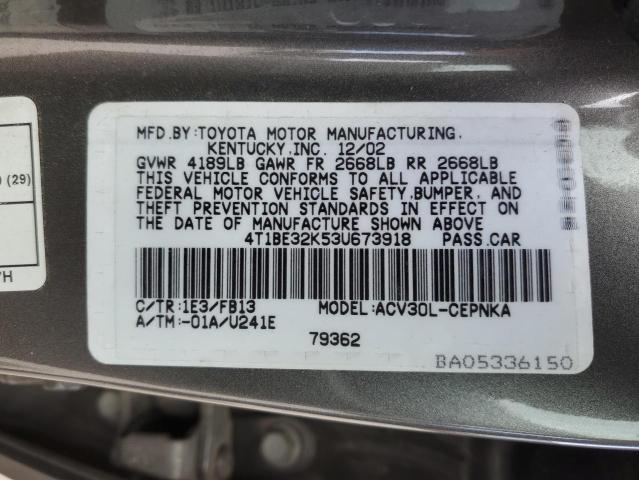 4T1BE32K53U673918 - 2003 TOYOTA CAMRY LE GRAY photo 12