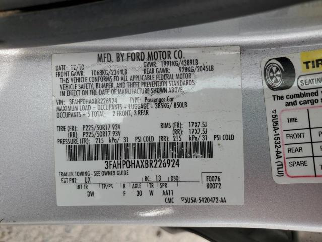 3FAHP0HAXBR226924 - 2011 FORD FUSION SE SILVER photo 13