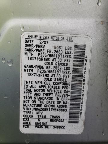 JN8AZ08W17W646663 - 2007 NISSAN MURANO SL SILVER photo 12