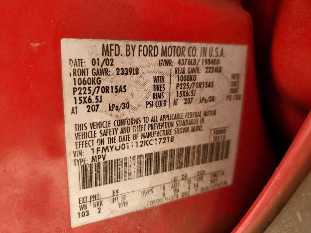 1FMYU01112KC17218 - 2002 FORD ESCAPE XLS RED photo 12