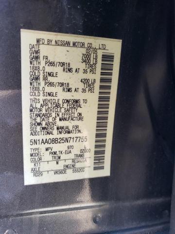 5N1AA08B25N717755 - 2005 NISSAN ARMADA SE GRAY photo 13