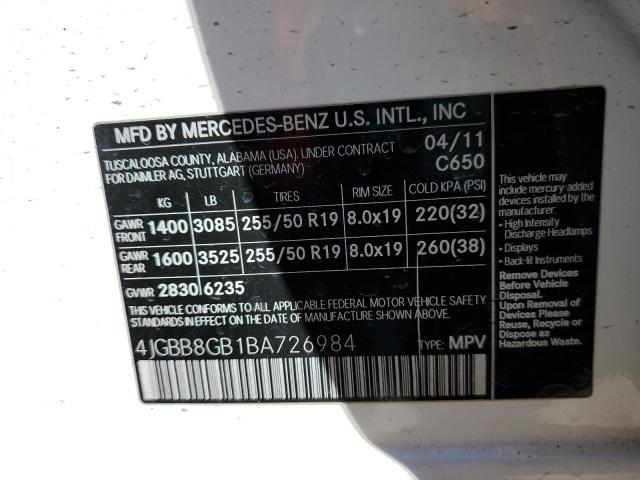 4JGBB8GB1BA726984 - 2011 MERCEDES-BENZ ML 350 4MATIC WHITE photo 13