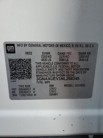 3GNAXUEV1NL298345 - 2022 CHEVROLET EQUINOX LT WHITE photo 12