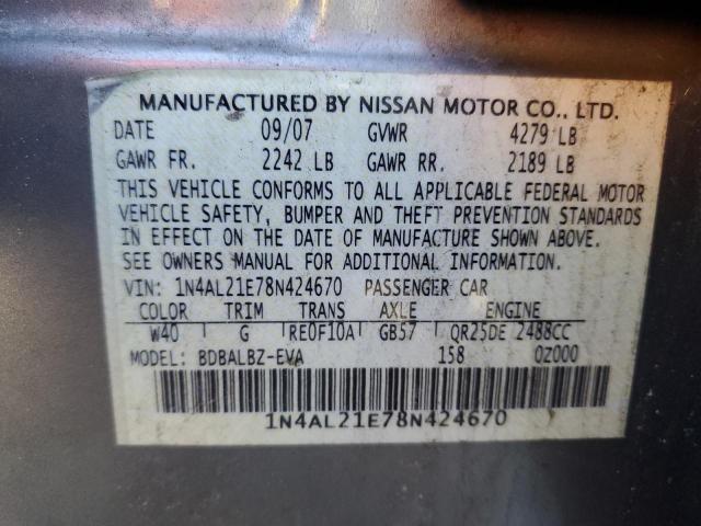 1N4AL21E78N424670 - 2008 NISSAN ALTIMA 2.5 SILVER photo 12