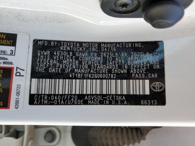 4T1BF1FK2GU600782 - 2016 TOYOTA CAMRY LE WHITE photo 13