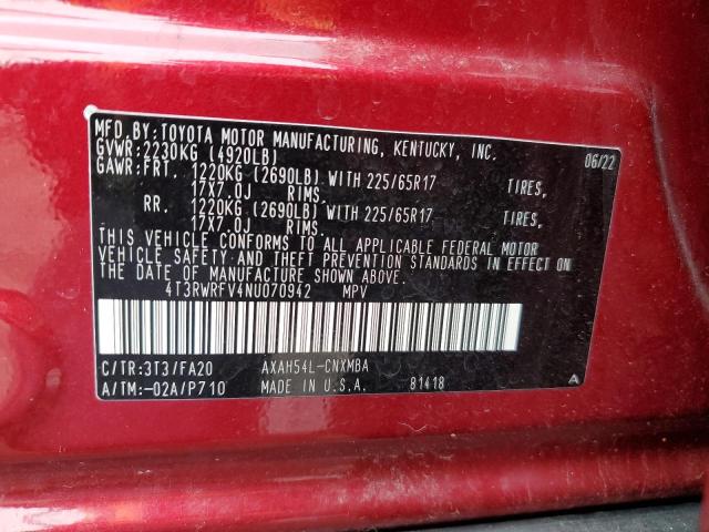 4T3RWRFV4NU070942 - 2022 TOYOTA RAV4 XLE RED photo 14