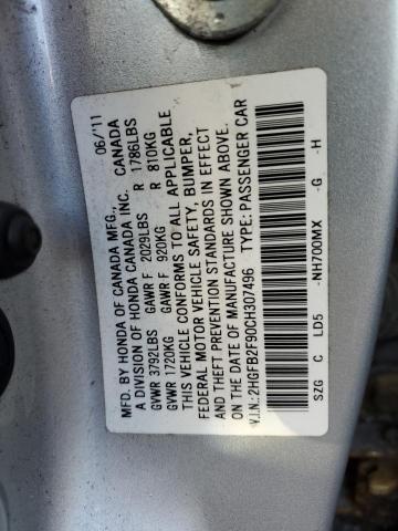 2HGFB2F90CH307496 - 2012 HONDA CIVIC EXL ვერცხლისფერი ფოტო 12