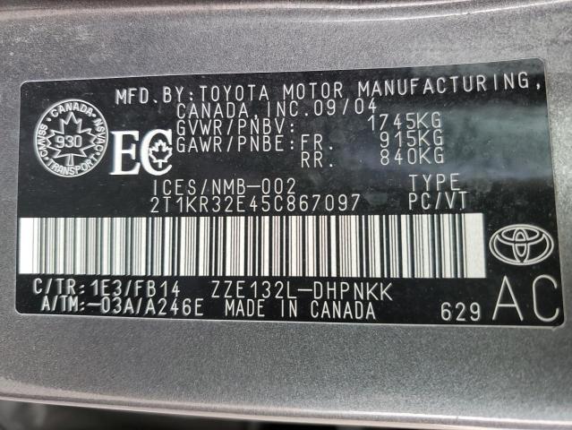 2T1KR32E45C867097 - 2005 TOYOTA COROLLA MA XR GRAY photo 13