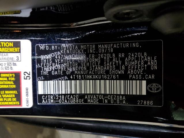 4T1B11HKXKU162761 - 2019 TOYOTA CAMRY L 黑色 照片 12