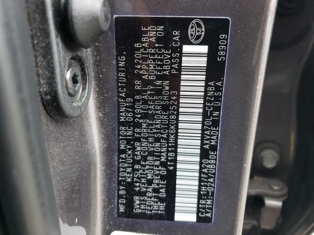 4T1B11HK6KU825243 - 2019 TOYOTA CAMRY L GRAY photo 13