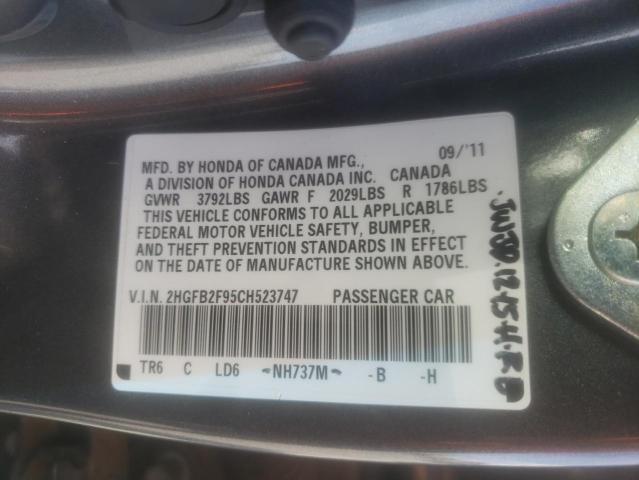 2HGFB2F95CH523747 - 2012 HONDA CIVIC EXL ნაცრისფერი ფოტო 13