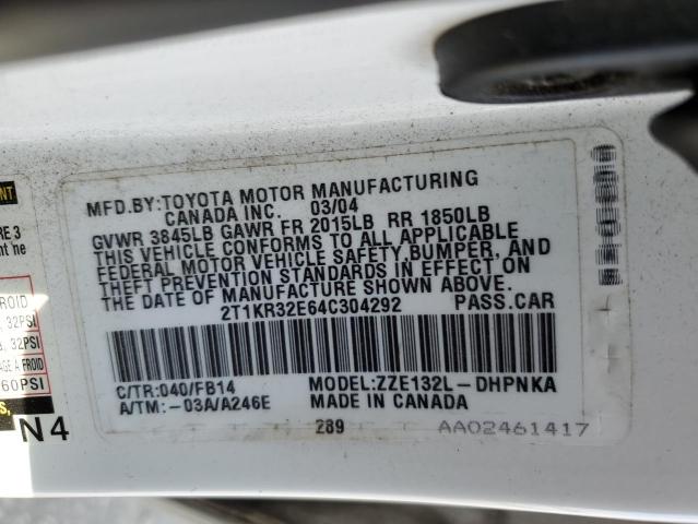 2T1KR32E64C304292 - 2004 TOYOTA COROLLA MA XR WHITE photo 12