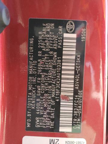 4T1BF3EK2AU103381 - 2010 TOYOTA CAMRY BASE RED photo 12