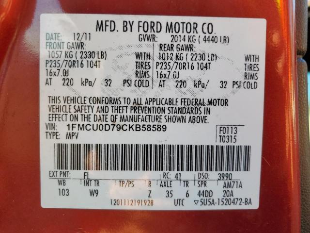 1FMCU0D79CKB58589 - 2012 FORD ESCAPE XLT RED photo 13