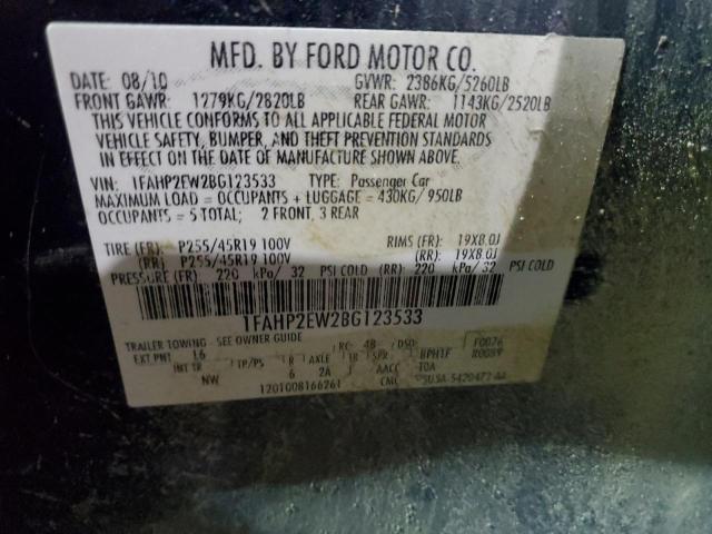 1FAHP2EW2BG123533 - 2011 FORD TAURUS SEL BLUE photo 12