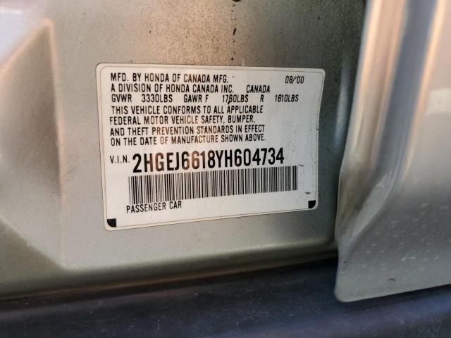 2HGEJ6618YH604734 - 2000 HONDA CIVIC BASE SILVER photo 12