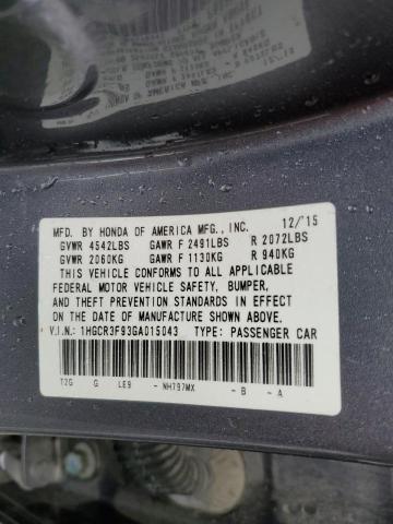 1HGCR3F93GA015043 - 2016 HONDA ACCORD TOURING GRAY photo 13