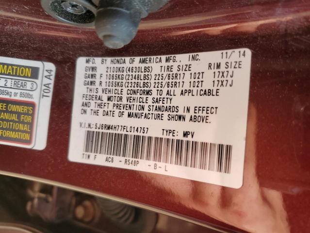 5J6RM4H77FL014757 - 2015 HONDA CR-V EXL BURGUNDY photo 13