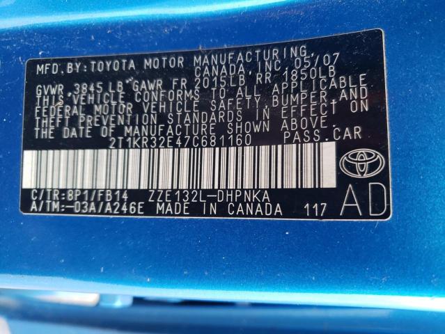 2T1KR32E47C681160 - 2007 TOYOTA COROLLA MA XR BLUE photo 13
