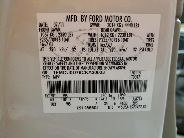 1FMCU0D79CKA20003 - 2012 FORD ESCAPE XLT WHITE photo 12