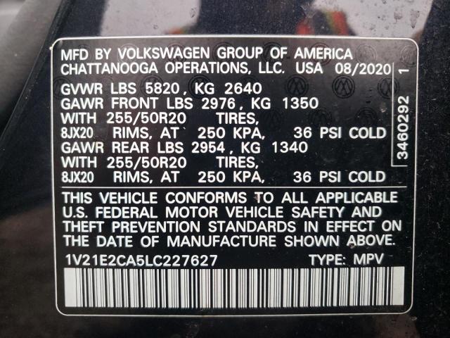 1V21E2CA5LC227627 - 2020 VOLKSWAGEN ATLAS CROS SE შავი ფოტო 12