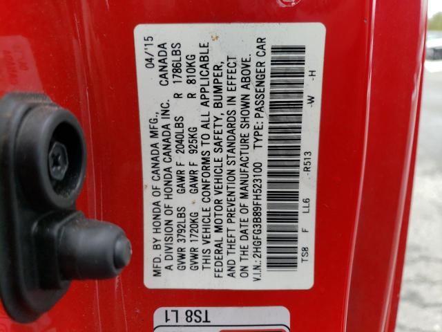 2HGFG3B89FH523100 - 2015 HONDA CIVIC EX RED photo 11