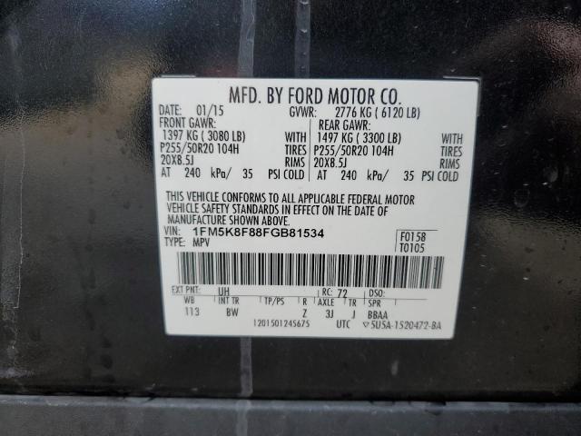 1FM5K8F88FGB81534 - 2015 FORD EXPLORER LIMITED BLACK photo 13