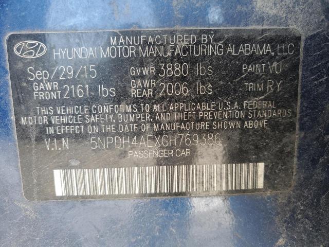 5NPDH4AEXGH769386 - 2016 HYUNDAI ELANTRA SE BLUE photo 12