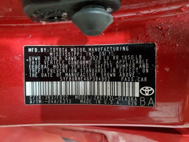 5YFBURHE4GP384902 - 2016 TOYOTA COROLLA L RED photo 12